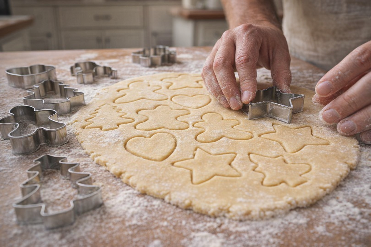 An eye-level shot of sugar cookies being cut from rolled dough on a floured surface. Cookie cutters in various shapes are visible. Soft, diffused light.